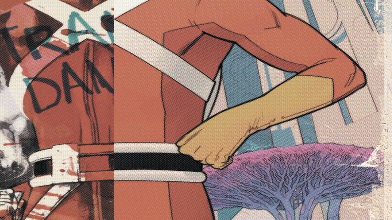 A photo of Adam Strange, half covered by graffiti