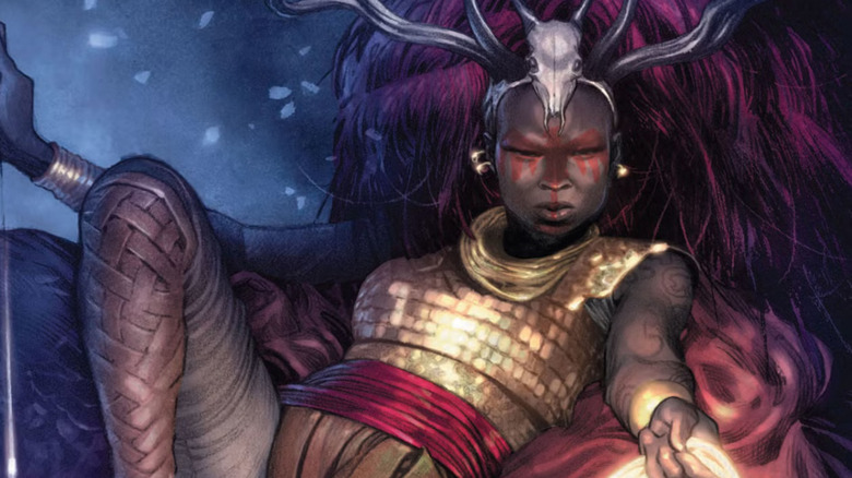 An amazonian sitting on a throne