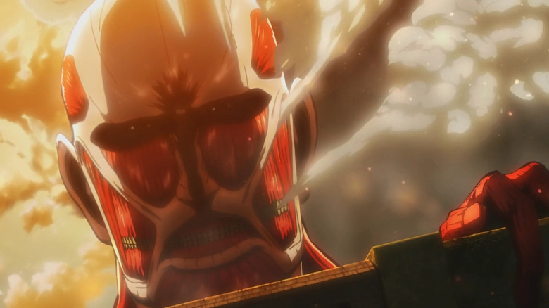 Colossal Titan breaching the wall on Attack on Titan
