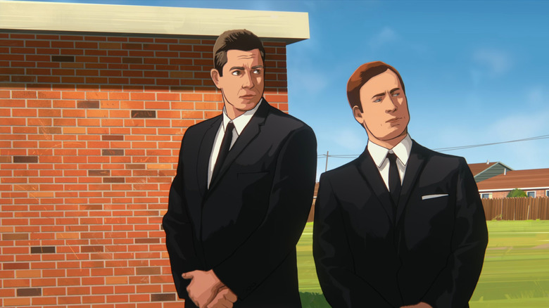 Kranz (Zachary Levi) and Bostick (Glen Powell) at elementary school in Apollo 10 1/2