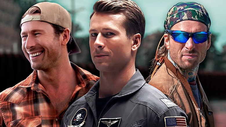 Glen Powell in Top Gun: Maverick in the middle, and on the sides, Powell in Hit Man and in Twisters