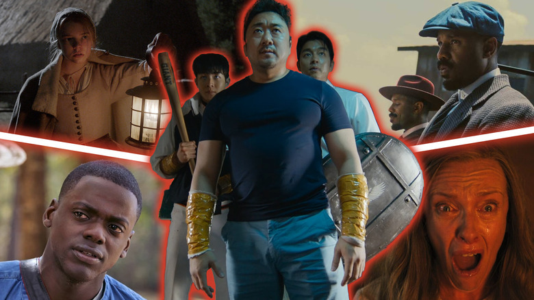 Images from The Witch, Sinners, Get Out, and Hereditary around a shot from Train to Busan