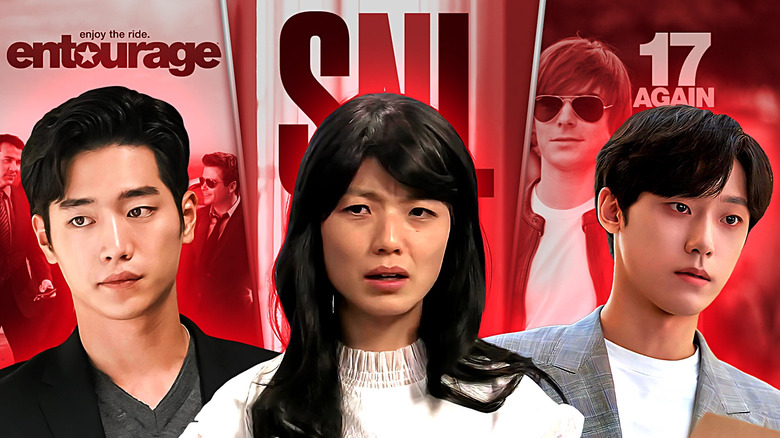 A collage of Cha Young-bin (Seo Kang-joon) from Entourage, Hong Dae-young (Lee Do-hyun) from 18 Again, and Ahn Young-mi from Saturday Night Live Korea in front of key art for American versions of their shows and movie