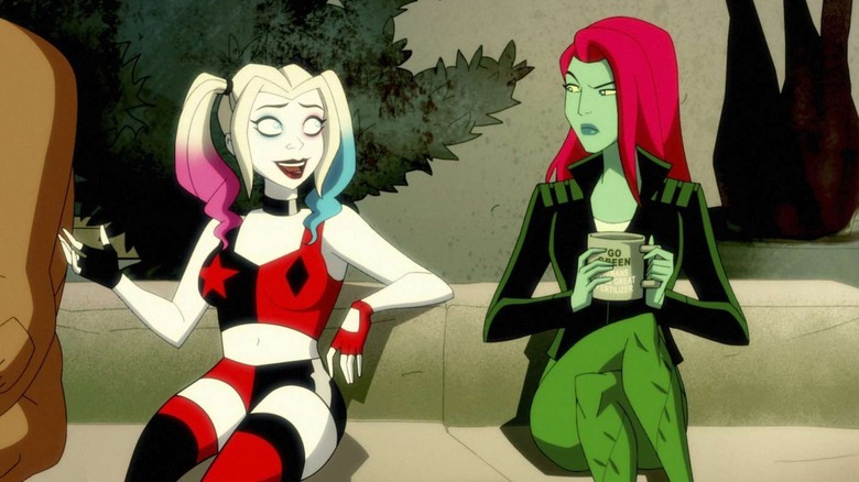 Animated Harley Quinn flanked by partially visible Clayface on the left and an incredulous Poison Ivy in Harley Quinn