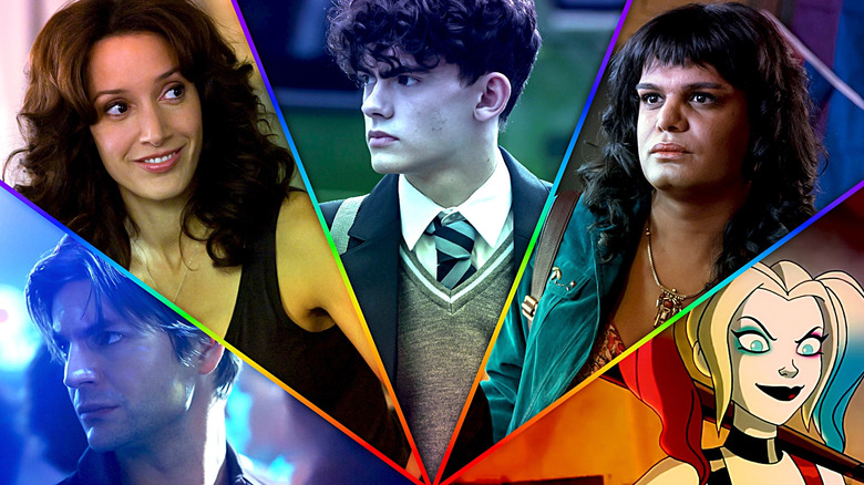 Composite image of Gale Harold as Brian in Queer as Folk, Jennifer Beals as Bette in The L Word, Joe Locke as Charlie in Heartstopper, Bilal Baig as Sabi in Sort of, and animated Harley Quinn in Harley Quinn, divided by rainbow lines