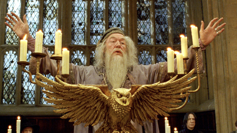 Michael Gambon as Dumbledore in the Great Hall in Harry Potter and the Prisoner of Azkaban
