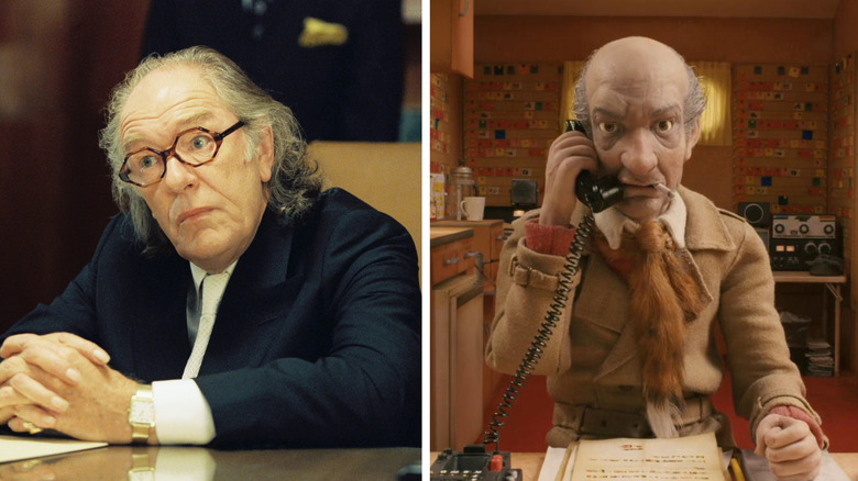 Michael Gambon as Oseary Drakoulias sitting in The Life Aquatic with Steve Zissour and voicing Franklin Bean on the phone in Fantastic Mr. Fox