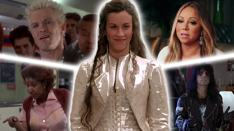 Billy Idol in The Wedding Singer, Mariah Carey in Popstar, Aretha Franklin in Blues Brothers, and Alice Cooper in Wayne's World around Alanis Morissette in Dogma in a composite image