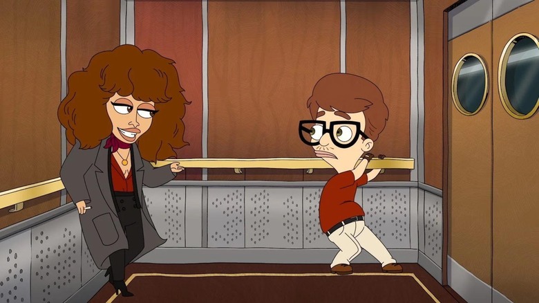 Animated Natasha Lyonne standing in elevator with Nick from Big Mouth