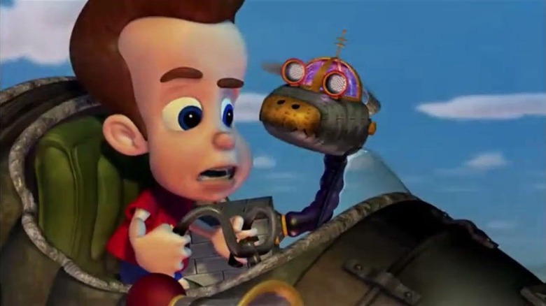 Jimmy Neutron flying in his rocket with his dog Goddard in Jimmy Neutron: Boy Genius