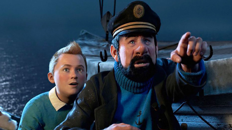 Tintin and Captain Haddock float together on a boat in The Adventures of Tintin