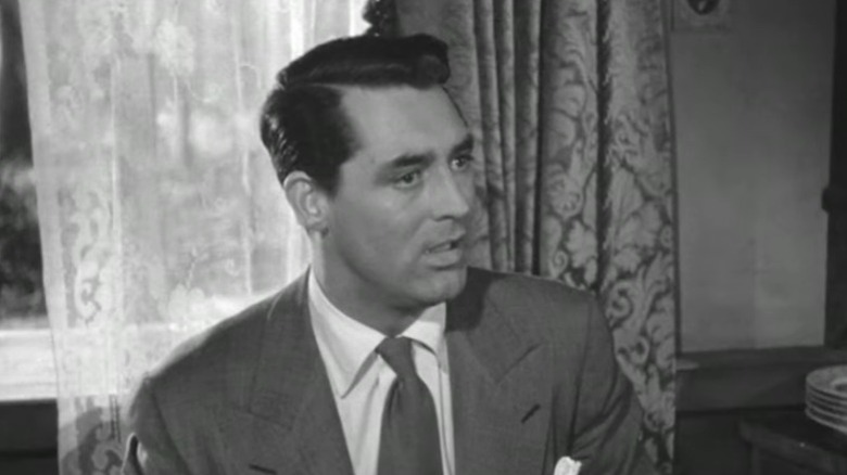 Cary Grant as Mortimer Brewster with his mouth half-open in shock in Arsenic and Old Lace