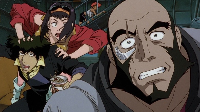 Spike Spiegel, Faye Valentine, Edward Wong, and Jet Black staring in shock in Cowboy Bebob: The Movie