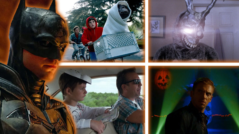 A composite image of shots from The Batman, Donnie Darko, E.T. The Extra Terrestrial, A Perfect World, and The Guest