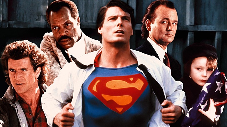 Composite of Martin Riggs and Roger Murtaugh (Mel Gibson and Danny Glover) in Lethal Weapon 3, Superman (Christopher Reeve) in Superman, Frank Cross (Bill Murray) in Scrooged, and Damien (Harvey Spencer Stephens) in The Omen