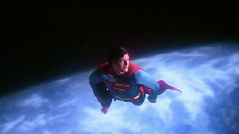 Superman (Christopher Reeve) flies over Earth in Superman: The Movie