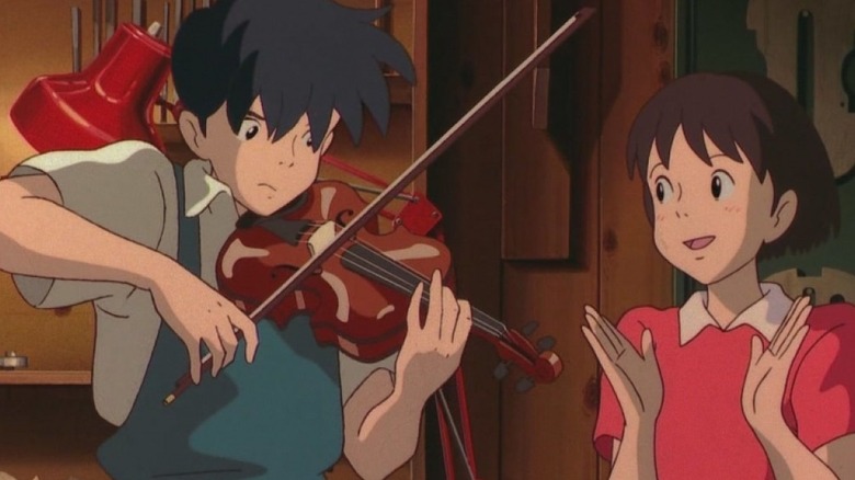 Seiji Amasawa plays violin while Shizuku Tsukishima applauds in Whisper of the Heart