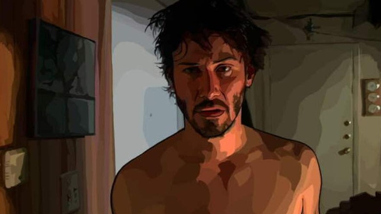 A disheveled Bob Arctor (Keanu Reeves) stands topless in an apartment in A Scanner Darkly