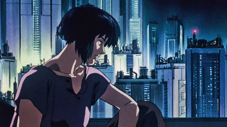 Motoko Kusanagi overlooks New Port City in Ghost in the Shell (1995)