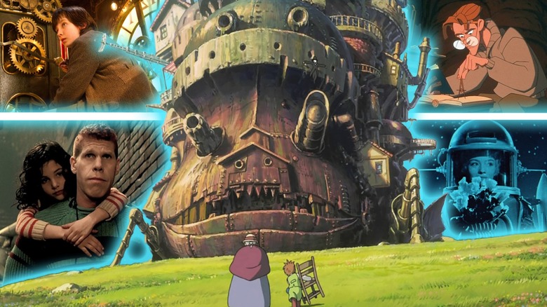 Asa Butterfield as Hugo Cabret in Hugo, Sophie and Markl standing before Howl's moving castle in Howl's Moving Castle, Milo Thatch in Atlantis: The Lost Kingdom, Judith Vitett as Miette and Ron Perlman as One in The City of Lost Children, and Jana Brejchová as Princess Bianca in The Fabulous Baron Munchausen