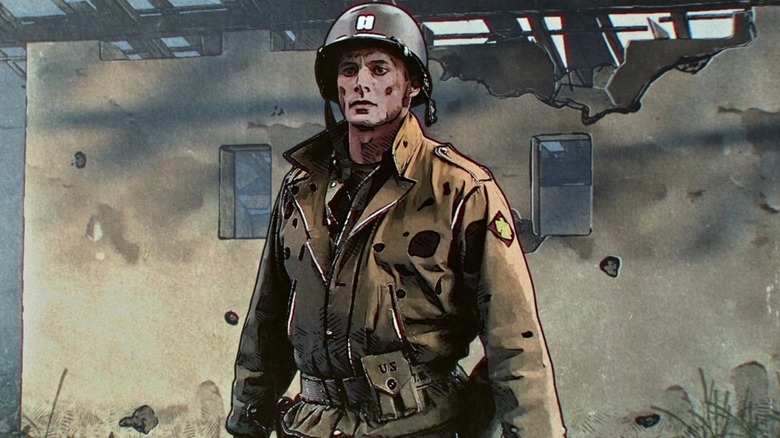 Felix Sparks (Bradley James) stands before a bombed-out building in The Liberator