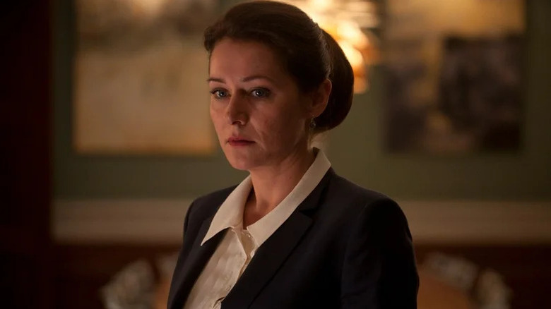 Sidse Babett Knudsen as Birgitte Nyborg Christensen in black and white suit in Borgen