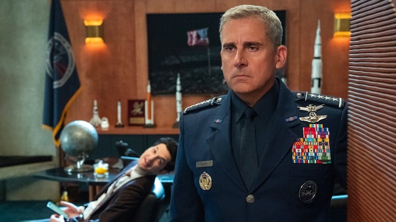 Steve Carell and Ben Schwartz as Mark and F. Tony talking in Space Force