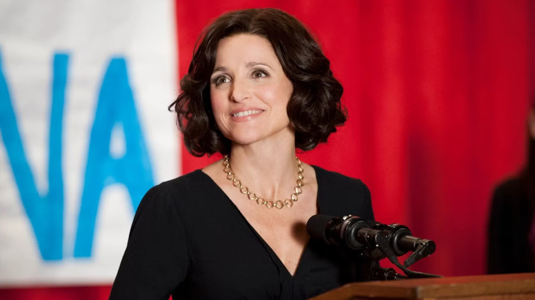 Julia Louis-Dreyfus as Selina Meyer giving a speech in Veep