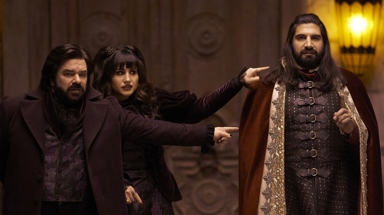 Matt Berry, Natasia Demetriou, and Kayvan Novak as Laszlo, Nadja, and Nandor in What We Do In The Shadows
