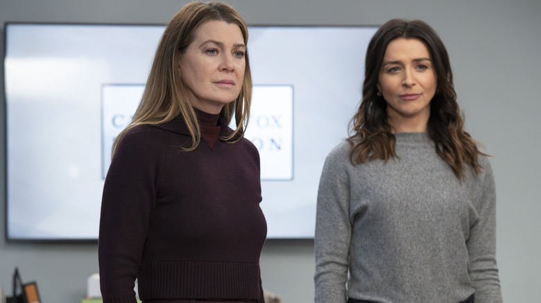 Meredith (Ellen Pompeo) and Amelia (Caterina Scorsone) looking forlorn on Grey's Anatomy