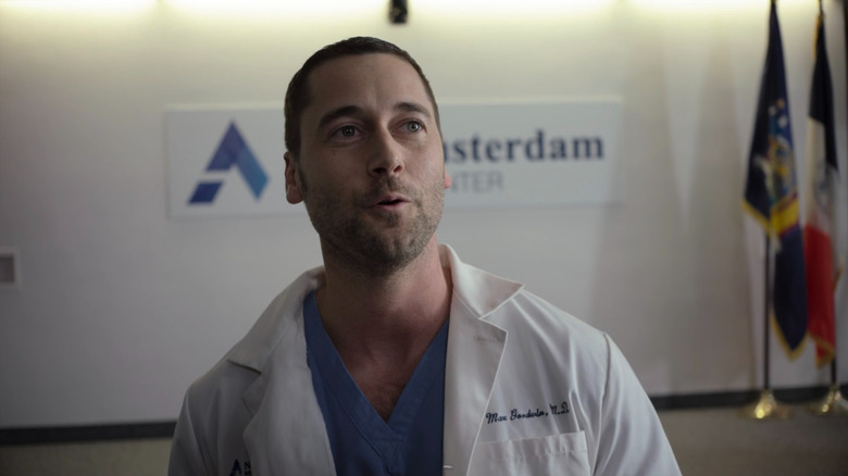 Dr. Maximus Goodwin (Ryan Eggold) talking to crowd on New Amsterdam