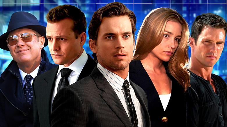 A collage of Red Reddington (James Spader) on The Blacklist, Harvey Specter (Gabriel Macht) on Suits, Neal Caffrey (Matt Bomer) on White Collar, Annie Walker (Piper Perabo) on Covert Affairs, and Michael Westen (Jeffrey Donovan) on Burn Notice