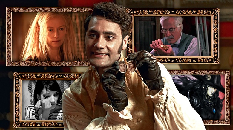 Clockwise from the top left: Eve (Tilda Swinton) in Only Lovers Left Alive (2013), Jesus Gris (Federico Luppi) in Cronos (1992), D from Vampire Hunter D (1985), and The Girl (Sheila Vand) in A Girl Walks Home Alone at Night (2014) in picture frames behind Viago (Taika Waititi) holding a locket in What We Do in the Shadows (2014).