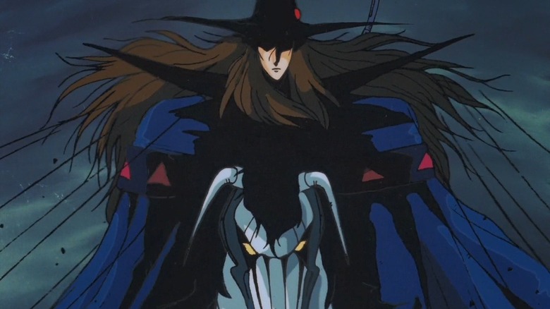 D (voiced by Kaneto Shiozawa) rides his cybernetic horse in Vampire Hunter D (1985).