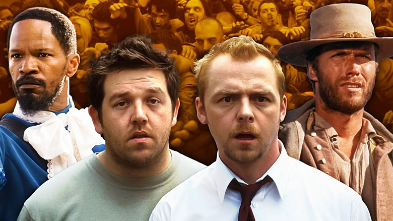 Jamie Foxx as Django, Nick Frost as Ed, Simon Pegg as Shaun, and Clint Eastwood as The Man With No Name