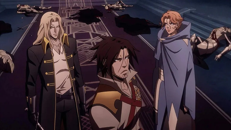 Alucard, Trevor Belmont, and Sypha Belnades standing in front of bloody bodies in Castlevania