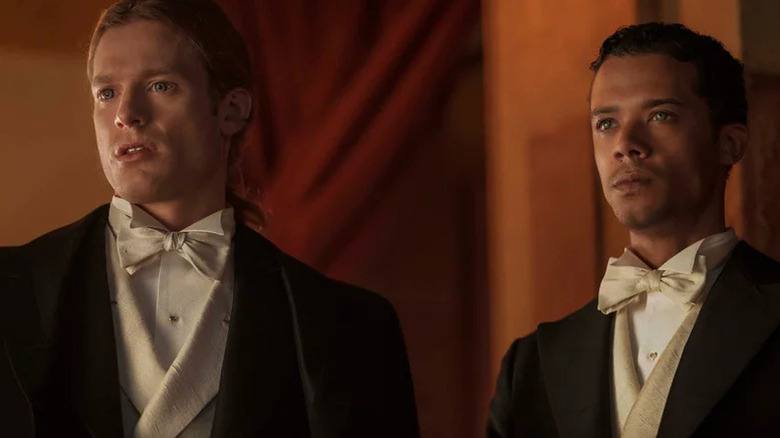 Sam Reid as Lestat and Jacob Anderson as Louis wearing tuxedos in Interview With the Vampire