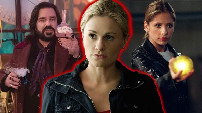 Matt Berry in What We Do in the Shadows and Sarah Michelle Gellar in Buffy the Vampire Slayer around Anna Paquin in True Blood in a composite image