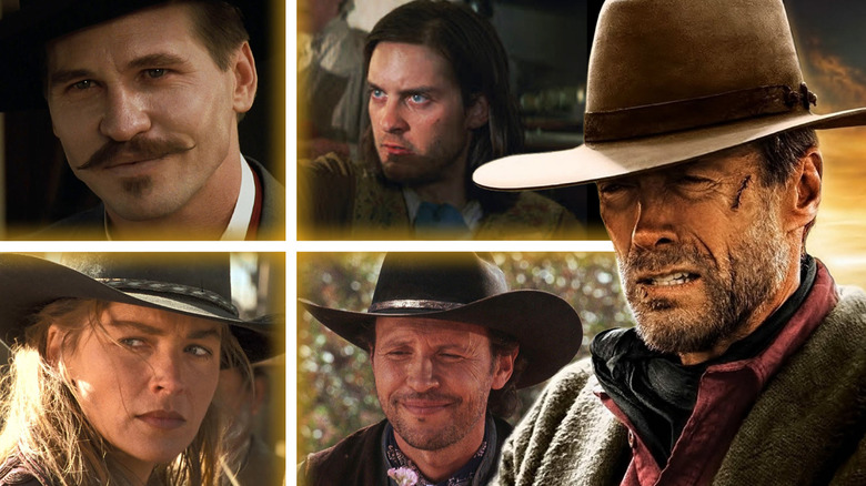 A collage of William Munny (Clint Eastwood) in Unforgiven on the right glaring at, in clockwise order, Doc Holliday (Val Kilmer) in Tombstone, Jake Roedel (Tobey Maguire) in Ride with the Devil, Mitch Robbins (Billy Crystal) in City Slickers, and the Lady (Sharon Stone) in The Quick and the Dead (1995)