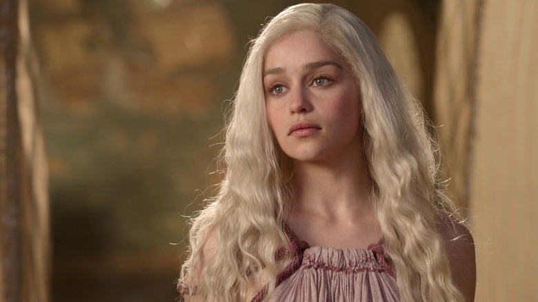 Emilia Clarke as Daenerys Targaryen looking sad in Game of Thrones