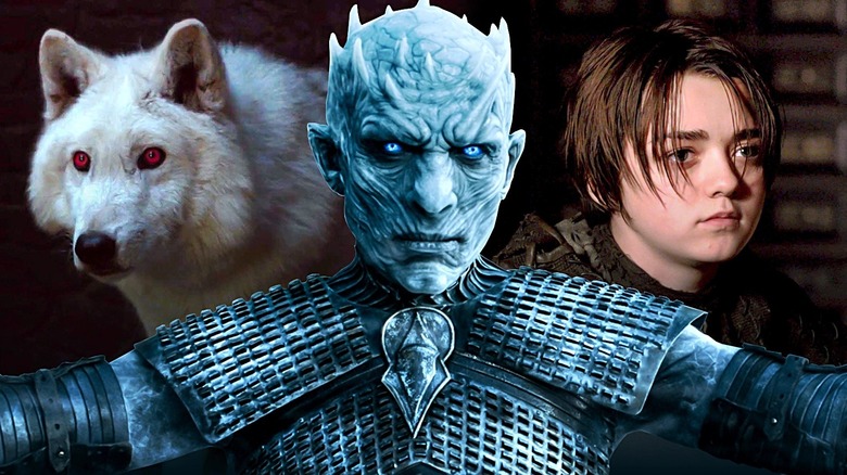 Richard Brake as The Night King in the middle, and on the sides, Maisie Williams as Arya with her short haircut in the episode A Man Without Honor, and the wolf Ghost in Game of Thrones