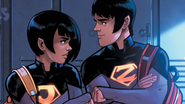 The Wonder Twins, Zan and Jayna, staring at each other
