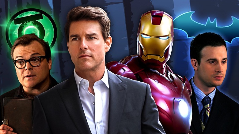 Composite image of Jack Black, Tom Cruise, and Freddie Prinze Jr. with the Green Lantern and Batman logos as well as the Iron Man Mark III suit