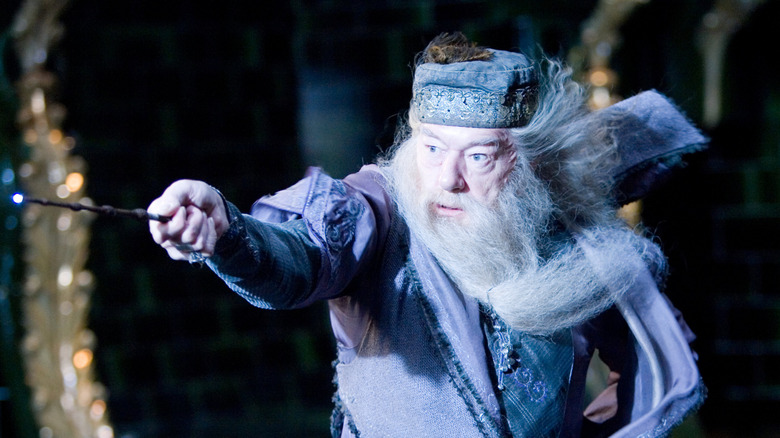 Michael Gambon as Albus Dumbledore points his wand in Harry Potter and the Order of the Phoenix