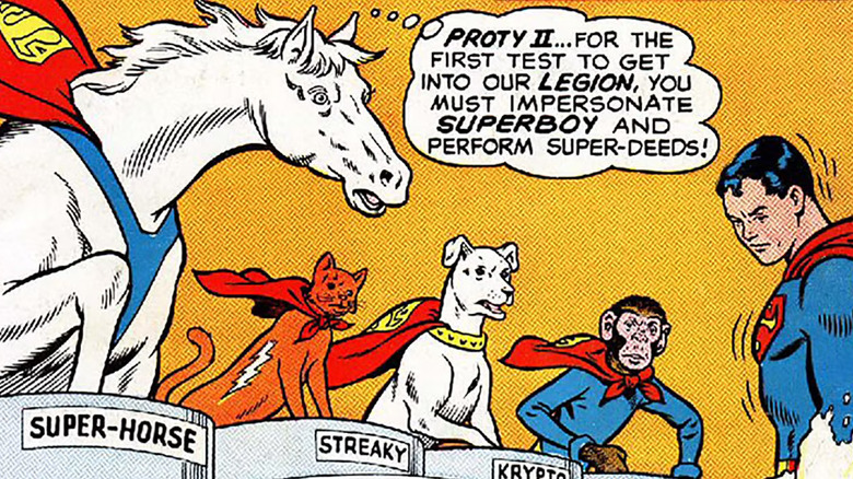 Super-Horse, Streaky, Krypto, and Super-Monkey watch as Proty II transforms into Superboy in Adventure Comics #322: Legion Of Super-Pets.