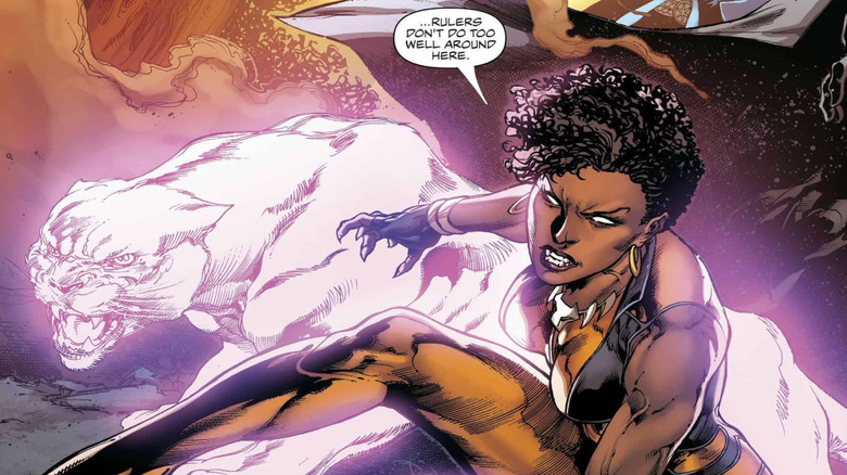 Vixen shows off her panther-like stance with a spirit of the animal behind here in Justice League Of America Vol. 5 #1.