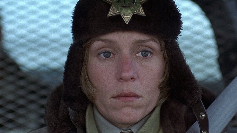 Marge Gunderson (Frances McDormand) in a police cruiser in Fargo
