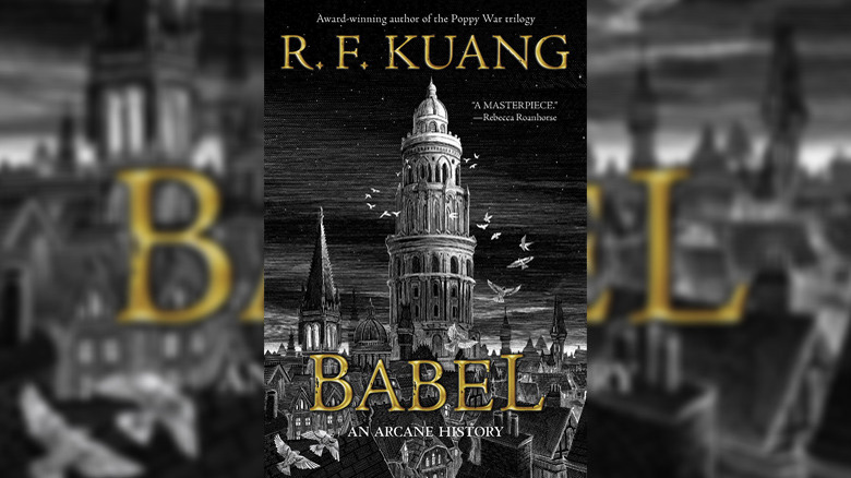 Babel black and white Oxford spires surrounded by birds