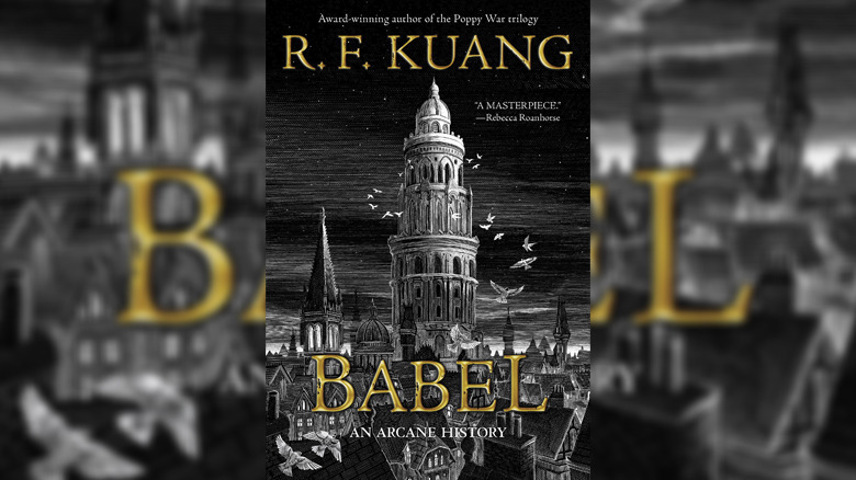 Babel black and white Oxford spires surrounded by birds