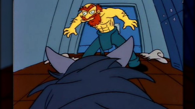 Groundskeeper Willie about to fight wolf